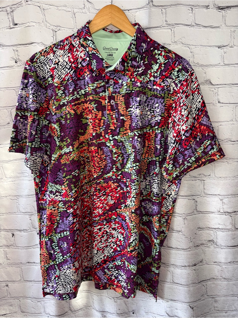 Good Good Golf Polo Men’s Sz L Geometric Pattern Lightweight Stretchy Multicolor